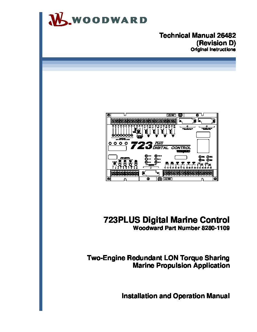 First Page Image of 8280-1109 Woodward 723PLUS Digital Two-Engine Redundant LON Torque Sharing Marine Propulsion Application 26482.pdf